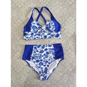 Hanna Nikole Blue White Floral High Waisted Bikini Set New With Tags Plus Size M